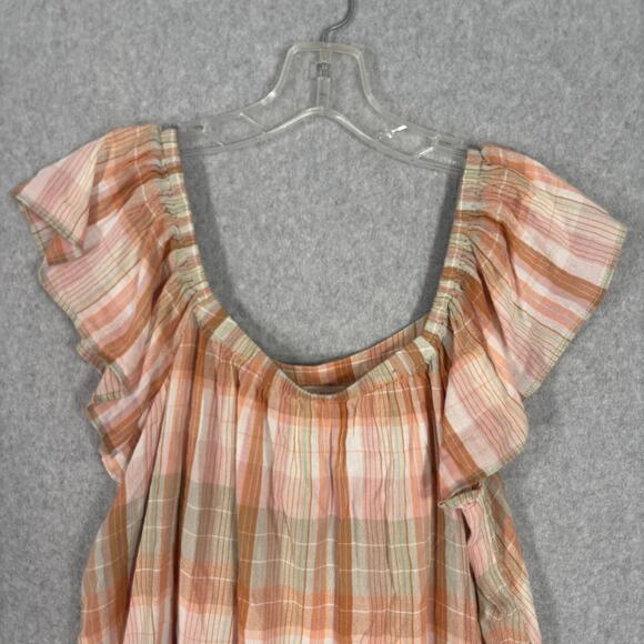 Lucky Brand Top Small Peach Blouse Tank Plaid Ruffle Flowy Rodeo Coastal Cowgirl - Picture 2 of 9